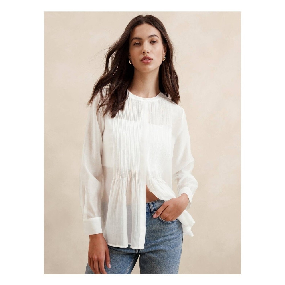 Banana Republic Sheer Organza‎ Pintuck Blouse Size XL Off White Button Front NWT